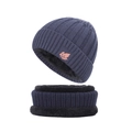 Men's navy blue knitted beanie and neck warmer set with warm fleece lining and leaf embroidery - One Size(Adjustable) / Navy Blue
