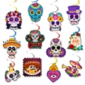 Colorful Day of the Dead Dia de Muertos ceiling hanging swirls with skulls and gravestones - Dia de Muertos Hanging Swirls / Set of 12
