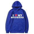 Blue I Love My Boyfriend hoodie in soft cotton blend fabric, size M, flat lay display - S / Top (I Love My Boyfriend) / Blue