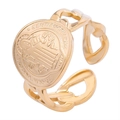 Detailed shot of golden St. Benedict Medal ring with adjustable Cuban link band - Gold
