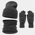 Dark grey knitted three-piece set with a beanie, neck gaiter, and touchscreen gloves - Dark Heather Grey