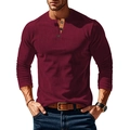 Men's burgundy long sleeve Henley shirt featuring ribbed texture and three-button neckline - S / Burgundy