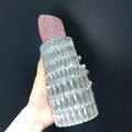 Detail of lipstick shaped evening clutch bag with pink rhinestones and silver crystals - Silver Pink/Silver Hardware