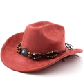 Detail view of red suede cowboy hat with ethnic woven band, beads and turquoise stone - M (56-58cm) / Brick Red