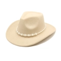 Beige wide brim wool felt cowboy hat with elegant pearl flower band for women - M (56-58cm) / Beige