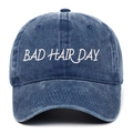 Casquette de baseball ajustable en coton délavé bleu avec broderie BAD HAIR DAY pour plein air - Taille unique / Bleu Marine