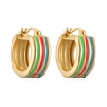 Golden hoop earrings with colorful green, red, and blue enamel stripes in a U-shape - Ear Buckle / Gold Green Red Blue Striped