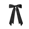 Classic black satin double-layered bow hair clip with long flowing ribbons on white background - Black