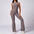 Slim fit mauve backless yoga jumpsuit with flared pants and halter neckline for workout - S / Purple Grey