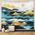 Detailed close-up of mountain landscape wall tapestry with gold foil accents and blue tones - Gold Blue Layered Mountains (GT428-10)