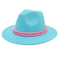 Light blue wide brim felt jazz hat with a stylish pink acrylic chain decoration - Lake Blue