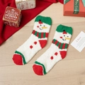Dicke Weihnachts-Korallenvlies-Socken mit Schneemann-Muster in Rot Weiß und Grün - Einheitsgröße / Weiße Socken Schneemann