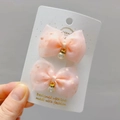 Pink polka dot tulle hair clips with pearl pendants for girls on display card - Duckbill Clips (Pair) / Pale Green