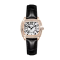 Square gold watch for women with diamond bezel, brown leather strap and date window - White Dial Black Leather