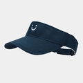 Close-up of navy blue sun visor hat with white embroidered smiley face and adjustable strap - Aqua
