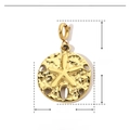 Detailed macro view of gold sand dollar pendant showing 15mm by 23mm dimensions - YF227x3 / Gold