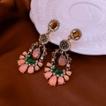 Baroque floral drop earrings with pink crystals and emerald stones on bronze metal - Silver Needle-Bronze-Luxury Gemstone Rose Tassel(69#)