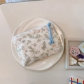 Detail view of cotton canvas coin purse with cute duck print and blue zipper pull - Green Leaf White Goose