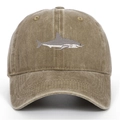 Close-up of shark embroidery on vintage washed cotton baseball cap with detail stitching - Khaki