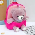 Pink cartoon kids backpack with a detachable purple plush bear and floral scarf - Rose Red