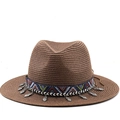 Chapeau de paille rétro marron avec ruban ethnique et pendentifs en métal en forme de cœur - Café