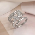 Silver-plated open ring featuring a double-layer band with a sparkling zircon butterfly - Multi-layer Butterfly Open Ring (14366) / Silver