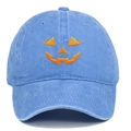 Detailed embroidery of a smiling pumpkin face on a blue washed denim baseball cap - One Size / Light Blue