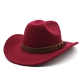 Vintage burgundy wool fedora hat with wide brim and brown leather decorative band - M (56-58cm) / Burgundy