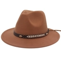 Classic wide brim wool fedora hat in brown with a woven leather band and gold metal studs - M (56-58cm) / Khaki