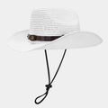Detail of white woven cowboy hat with brown leather band and adjustable chin strap - White
