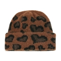 Close-up of thick leopard print knit beanie with fuzzy texture and cuffed design - M (56-58cm) / Brown