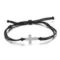 925 silver cross woven bracelet with black adjustable rope and white cubic zirconia - Silver Cross Black Braided Rope Bracelet 1.09g