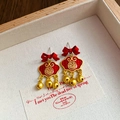 New Year red bow earrings with ruyi lock and fuchi bells in gold finish - 133# New Chinese Ruyi Lock / Red/Gold