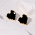 Minimalist gold-edged heart earrings with black enamel center on stone base - Black Enamel With Gold Jagged Edge Style / Black