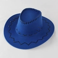 Chapeau de cowboy bleu en simili daim avec surpiqûres noires décoratives sur le bord - Taille Adulte (Circonférence 58cm) / Bleu royal