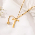 Golden titanium steel necklace with capital T letter pendant and geometric tube charms - Gold Initial T (8847)
