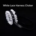 Gothic black leather collar with white lace trim and metal D-ring leash accessory - Leather/Lace/Metal / White Choker