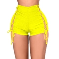 Women high waisted bright yellow denim shorts featuring stylish side bandage lace-up details - S / Yellow