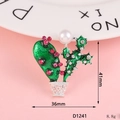 Enamel green cactus brooch with pink rhinestones and white pearl on silver flower pot - D1241 Cactus (Silver Bottom Green)