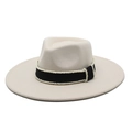 Elegant beige wide brim wool fedora with pearl-studded black ribbon detail - M (56-58cm) / Beige
