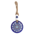 Close-up of glass evil eye pendant with blue beads and natural jute rope on white background - Polka Dot Eye Style (BE1688BU04)