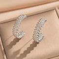 Silver C-shaped stud earrings with double row diamond studs and geometric texture - Silver Earrings