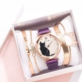 Luxury rose gold cat-themed watch set with bracelets in a premium white gift box display - Watch + Bracelet + Box / Purple