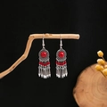 Bohemian tribal earrings with vintage silver finish, red beads and metal tassels - E1783-1 Red Cone Tassel