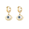 Golden evil eye earrings with blue pupil and lash details on white background - Evil Eye Eyelash Shape Style (E1304-GO)