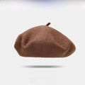 Minimalist brown wool beret with red heart embroidery detail for women in winter - Dark Brown