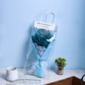 Blue gypsophila dried flower bouquet in a transparent tote bag with a white lace bow - Blue Gypsophila Gift Bag Greeting Card