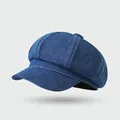 Chic blue denim cotton newsboy hat with textured twill and white stitching detail - One Size / Washed Denim Octagonal Hat-Denim Blue