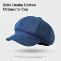 Chic blue denim cotton newsboy hat with textured twill and white stitching detail - One Size / Washed Denim Octagonal Hat-Denim Blue