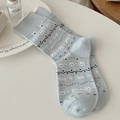 Light blue crew socks featuring cute white rabbit jacquard and ribbed cuffs for women - One Size / Light Blue